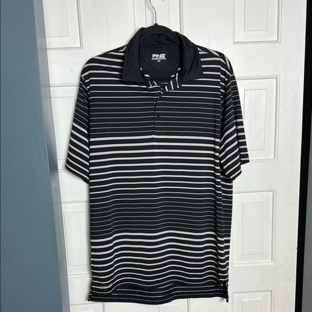 PING Men's Black and White Striped Polo Shirt size Large